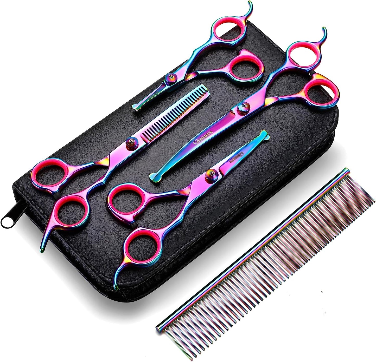 Professional 4CR Stainless Steel 6 in 1 Grooming Scissors for Dogs with Safety round Tip, Heavy Duty Titanium Coated Pet Grooming Scissor for Dogs, Cats and Other Animals